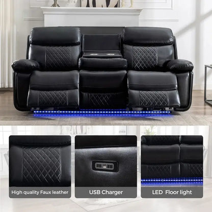 Canapé inclinable électrique avec chargeur sans fil, lampe de lecture, éclairage LED pour salon, revêtement en similicuir, port secteur/USB, porte-gobelet, noir