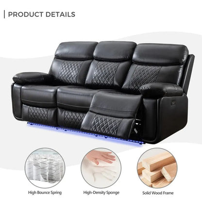 Canapé inclinable électrique avec chargeur sans fil, lampe de lecture, éclairage LED pour salon, revêtement en similicuir, port secteur/USB, porte-gobelet, noir