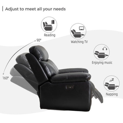 Canapé inclinable électrique avec chargeur sans fil, lampe de lecture, éclairage LED pour salon, revêtement en similicuir, port secteur/USB, porte-gobelet, noir