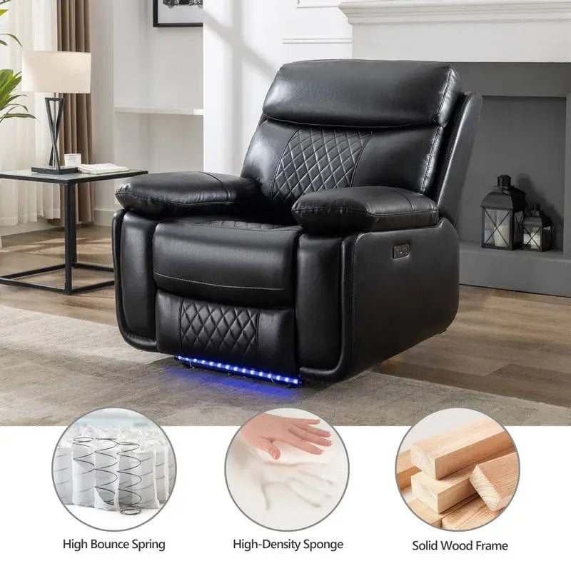 Canapé inclinable électrique avec chargeur sans fil, lampe de lecture, éclairage LED pour salon, revêtement en similicuir, port secteur/USB, porte-gobelet, noir