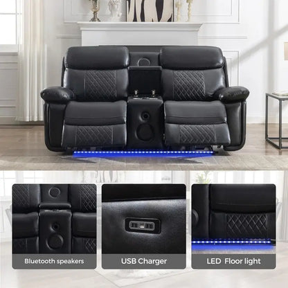 Canapé inclinable électrique avec chargeur sans fil, lampe de lecture, éclairage LED pour salon, revêtement en similicuir, port secteur/USB, porte-gobelet, noir
