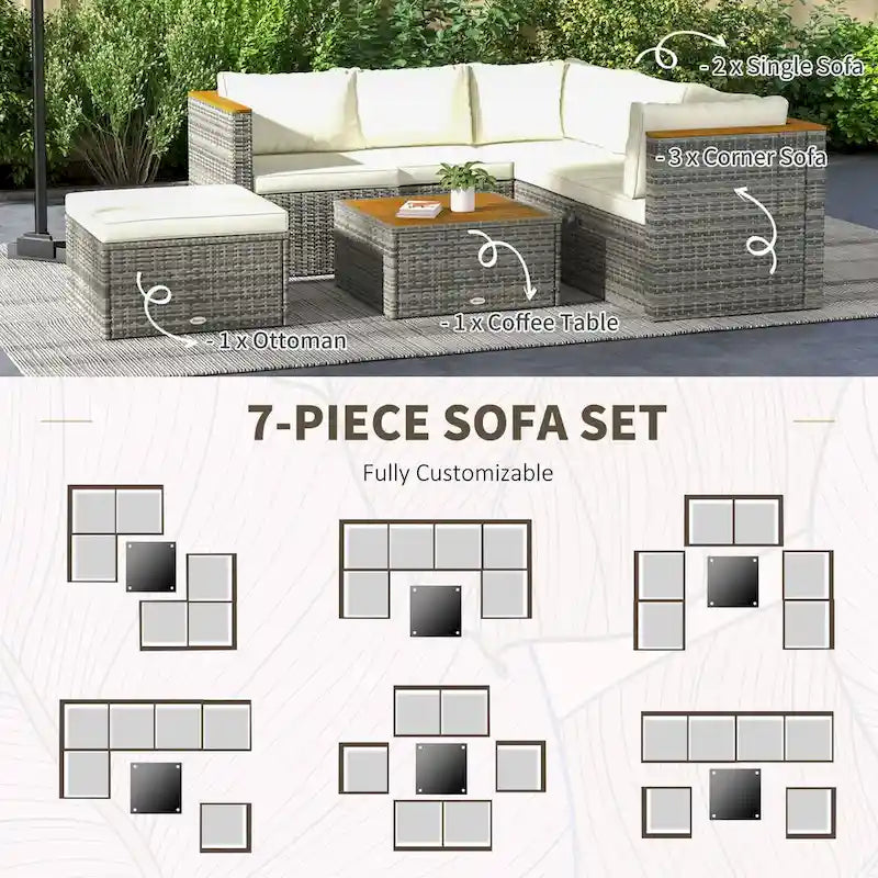 Ensemble de mobilier de jardin Outsunny en résine tressée avec coussins, canapé d'angle 7 pièces en rotin PE avec dossier réglable et assise réglable.