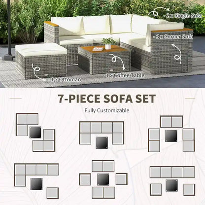 Ensemble de mobilier de jardin Outsunny en résine tressée avec coussins, canapé d'angle 7 pièces en rotin PE avec dossier réglable et assise réglable.