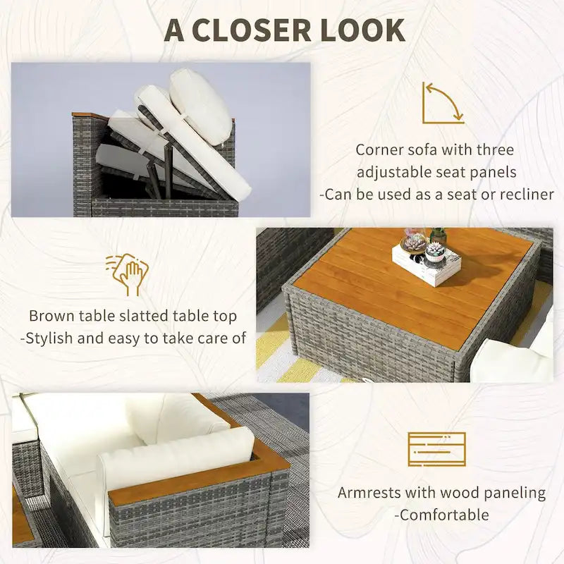 Ensemble de mobilier de jardin Outsunny en résine tressée avec coussins, canapé d'angle 7 pièces en rotin PE avec dossier réglable et assise réglable.