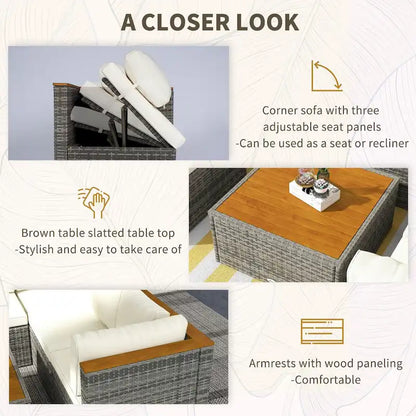 Ensemble de mobilier de jardin Outsunny en résine tressée avec coussins, canapé d'angle 7 pièces en rotin PE avec dossier réglable et assise réglable.