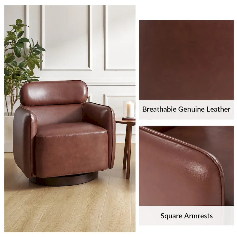 Fauteuil pivotant moderne Raphael en cuir véritable, style tonneau