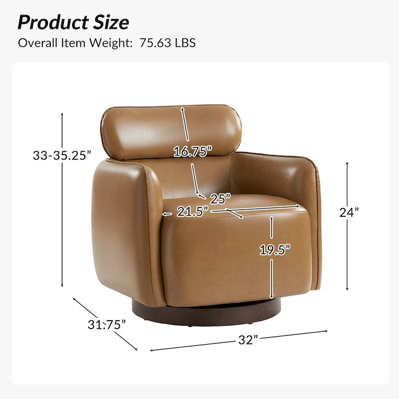 Fauteuil pivotant moderne Raphael en cuir véritable, style tonneau