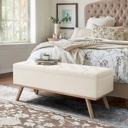 Pouf de rangement LUE BONA style moderne du milieu du siècle, capitonné en tissu avec assise en lin