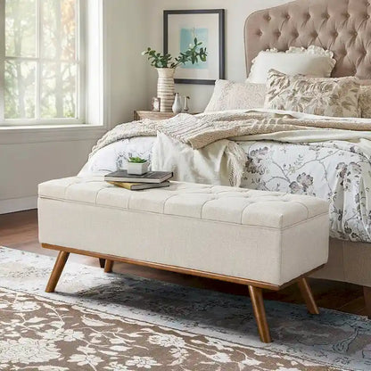 Pouf de rangement LUE BONA style moderne du milieu du siècle, capitonné en tissu avec assise en lin