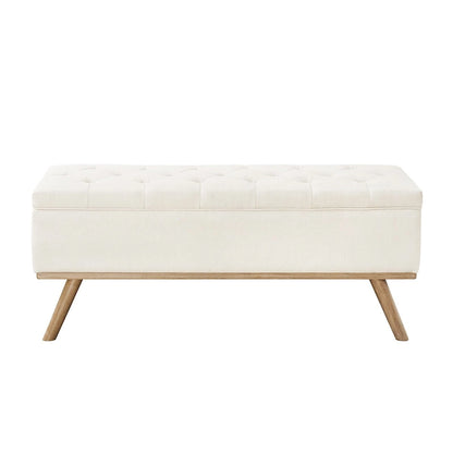 Pouf de rangement LUE BONA style moderne du milieu du siècle, capitonné en tissu avec assise en lin