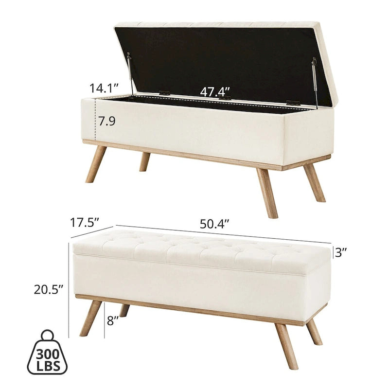 Pouf de rangement LUE BONA style moderne du milieu du siècle, capitonné en tissu avec assise en lin