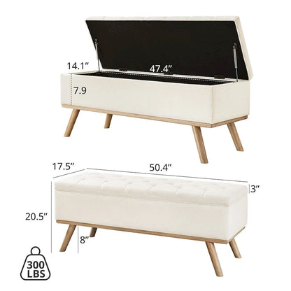 Pouf de rangement LUE BONA style moderne du milieu du siècle, capitonné en tissu avec assise en lin