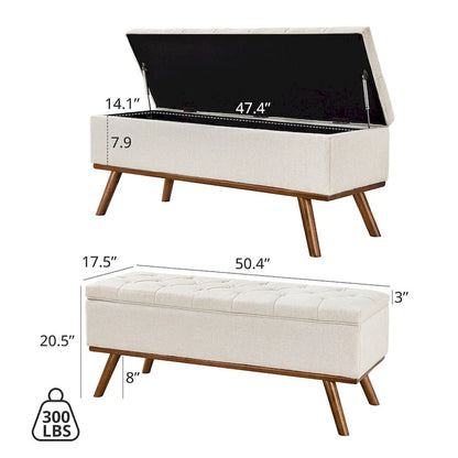 Pouf de rangement LUE BONA style moderne du milieu du siècle, capitonné en tissu avec assise en lin