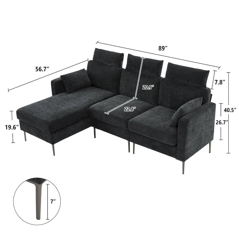 Canapé d'angle en chenille de 89 pouces avec méridienne extra large pour salon
