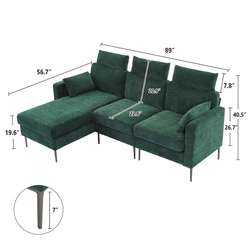 Canapé d'angle en chenille de 89 pouces avec méridienne extra large pour salon