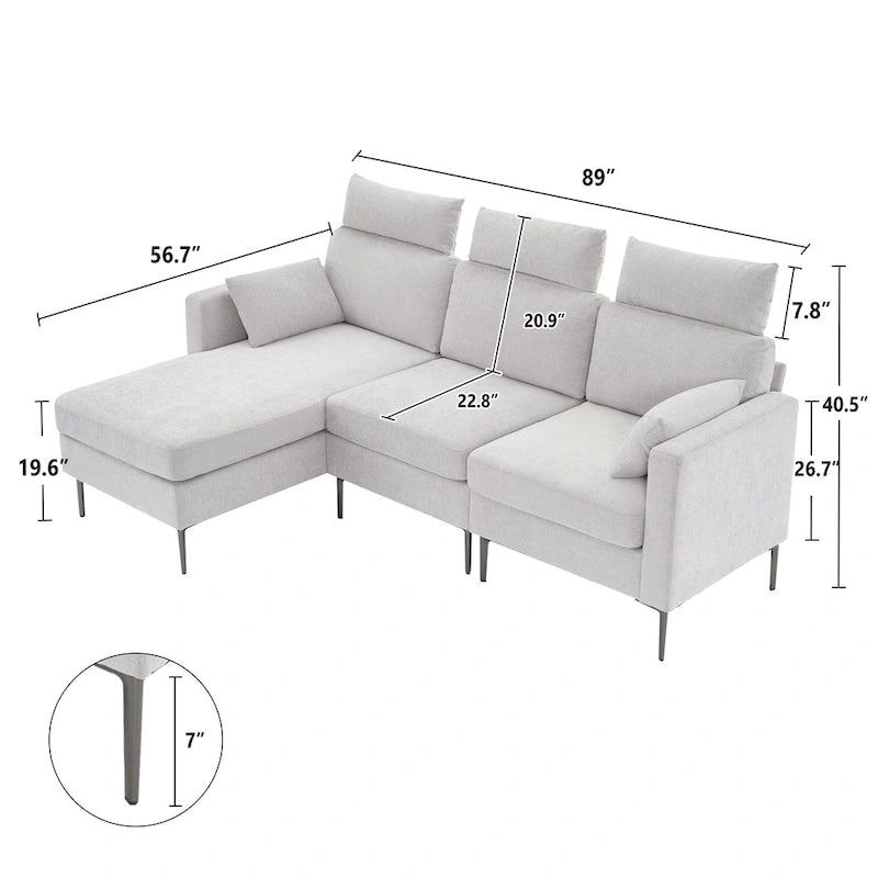 Canapé d'angle en chenille de 89 pouces avec méridienne extra large pour salon