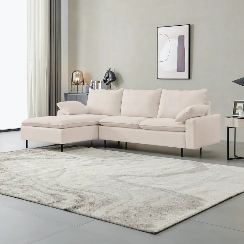 Canapé d'angle en L avec méridienne, entièrement recouvert de tissu