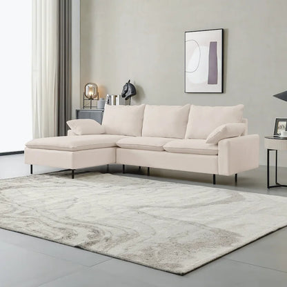 Canapé d'angle en L avec méridienne, entièrement recouvert de tissu