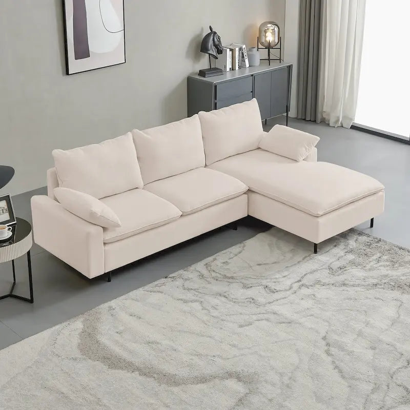 Canapé d'angle en L avec méridienne, entièrement recouvert de tissu