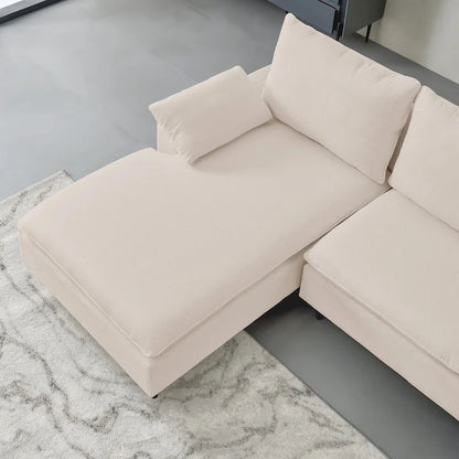 Canapé d'angle en L avec méridienne, entièrement recouvert de tissu