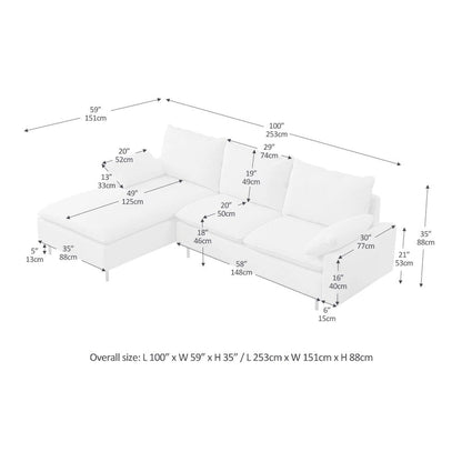 Canapé d'angle en L avec méridienne, entièrement recouvert de tissu