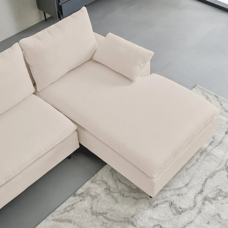 Canapé d'angle en L avec méridienne, entièrement recouvert de tissu
