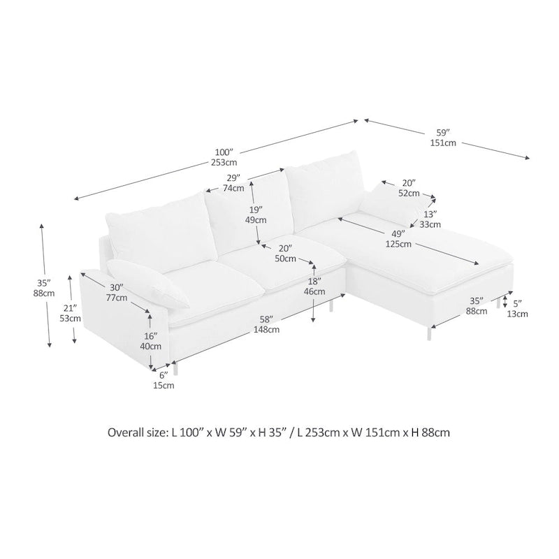 Canapé d'angle en L avec méridienne, entièrement recouvert de tissu