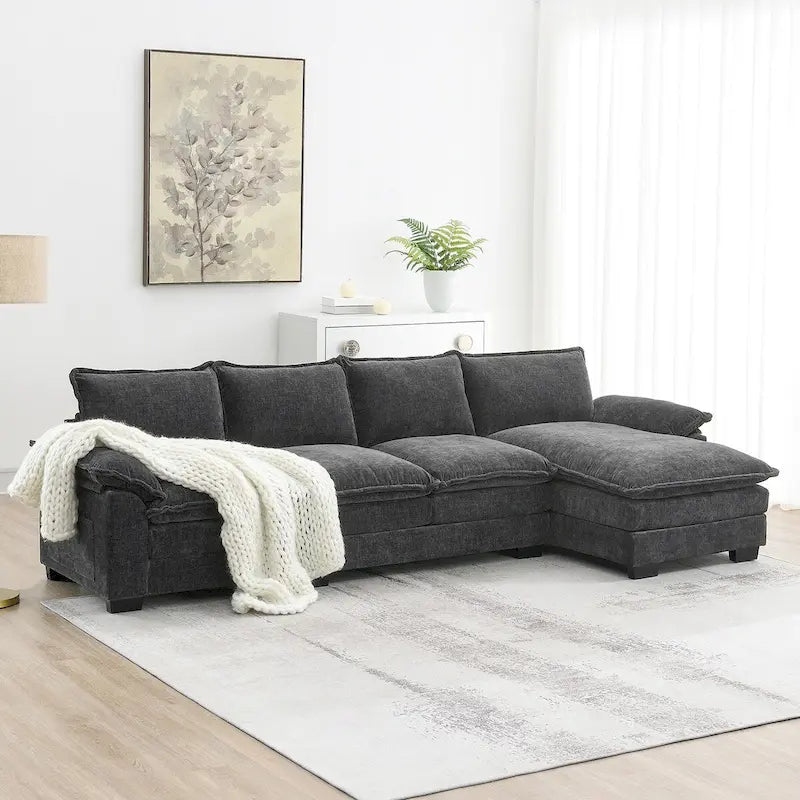 Canapé d'angle en chenille Cloud 118 x 55 cm avec coussins d'assise doubles, canapé-lit 5 places avec méridienne