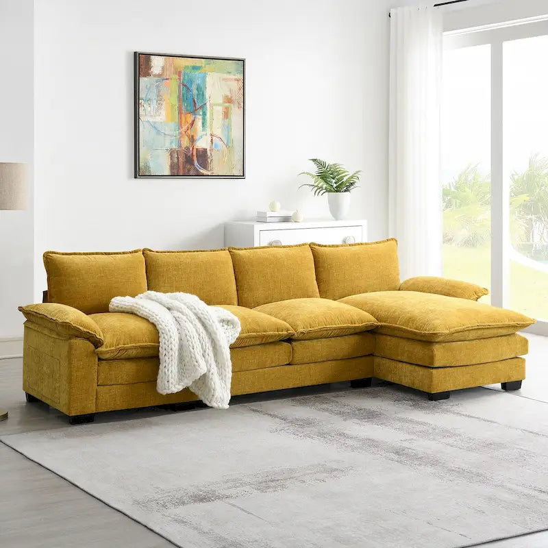 Canapé d'angle en chenille Cloud 118 x 55 cm avec coussins d'assise doubles, canapé-lit 5 places avec méridienne