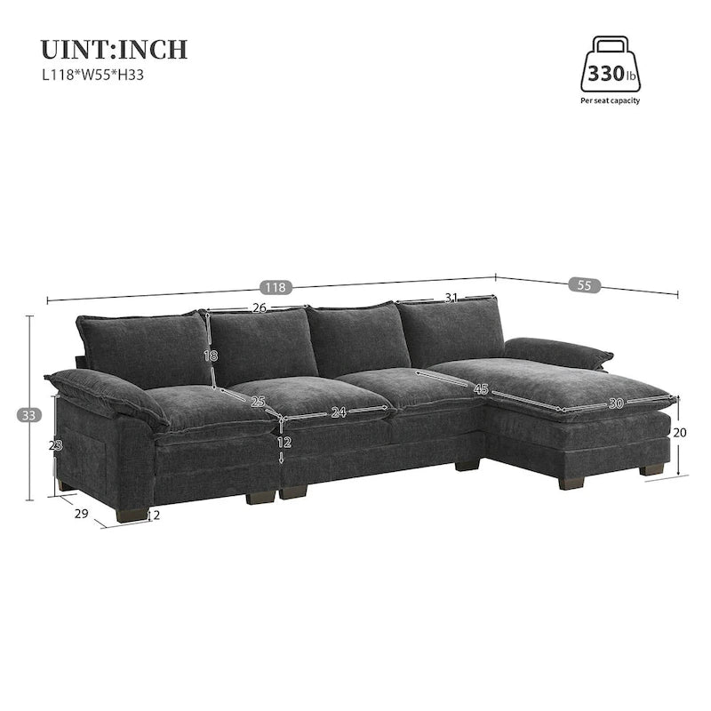 Canapé d'angle en chenille Cloud 118 x 55 cm avec coussins d'assise doubles, canapé-lit 5 places avec méridienne