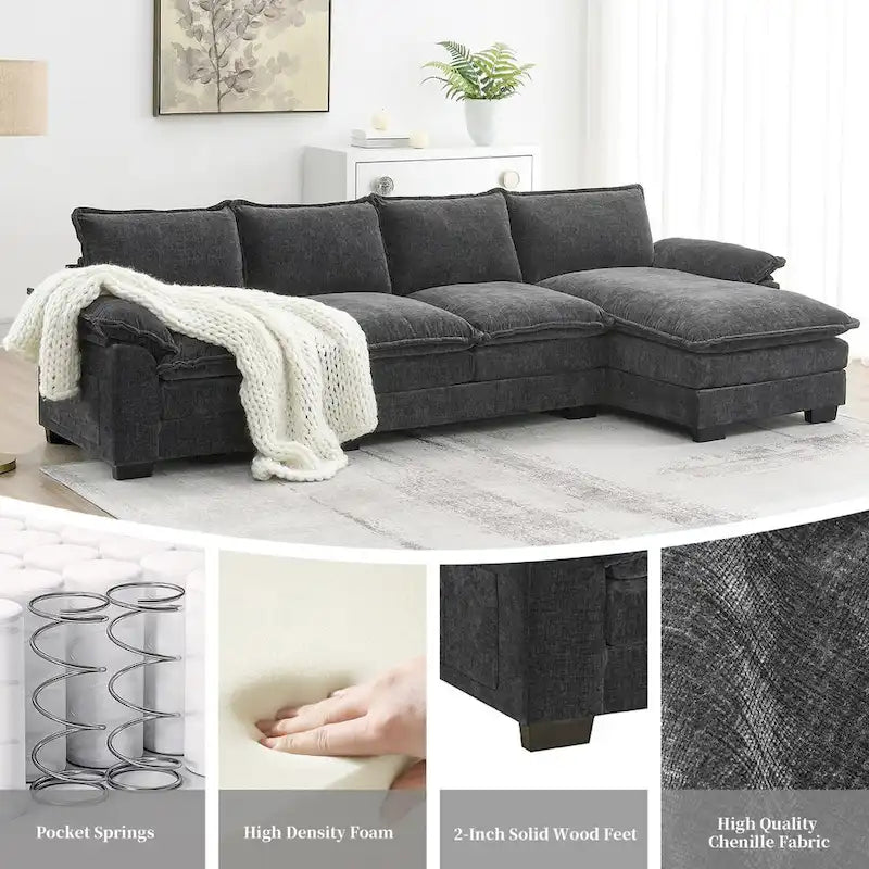 Canapé d'angle en chenille Cloud 118 x 55 cm avec coussins d'assise doubles, canapé-lit 5 places avec méridienne