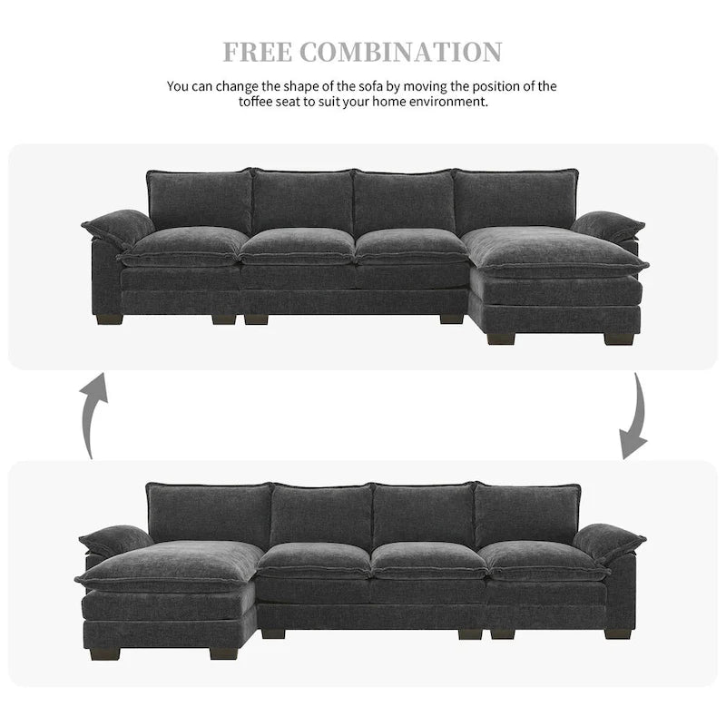 Canapé d'angle en chenille Cloud 118 x 55 cm avec coussins d'assise doubles, canapé-lit 5 places avec méridienne