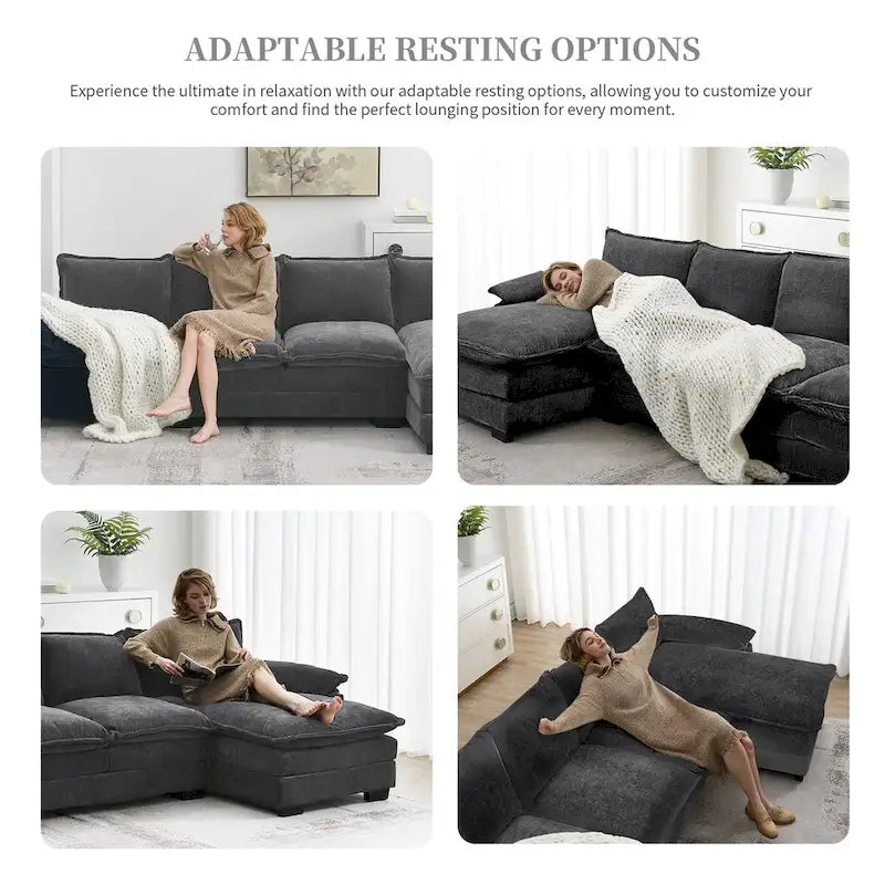 Canapé d'angle en chenille Cloud 118 x 55 cm avec coussins d'assise doubles, canapé-lit 5 places avec méridienne