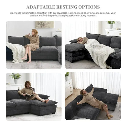 Canapé d'angle en chenille Cloud 118 x 55 cm avec coussins d'assise doubles, canapé-lit 5 places avec méridienne