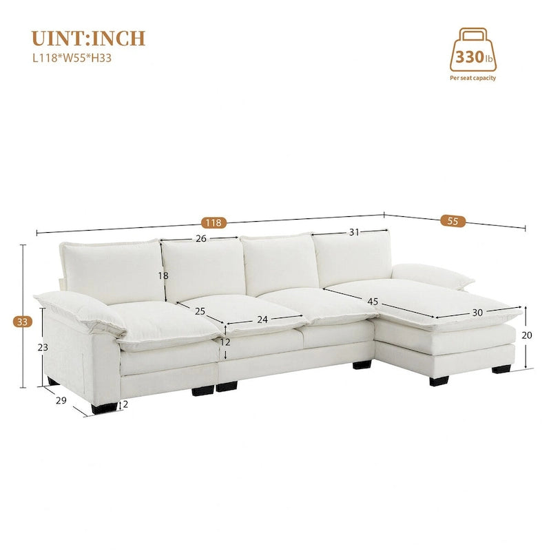 Canapé d'angle en chenille Cloud 118 x 55 cm avec coussins d'assise doubles, canapé-lit 5 places avec méridienne