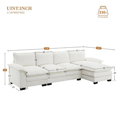 Canapé d'angle en chenille Cloud 118 x 55 cm avec coussins d'assise doubles, canapé-lit 5 places avec méridienne