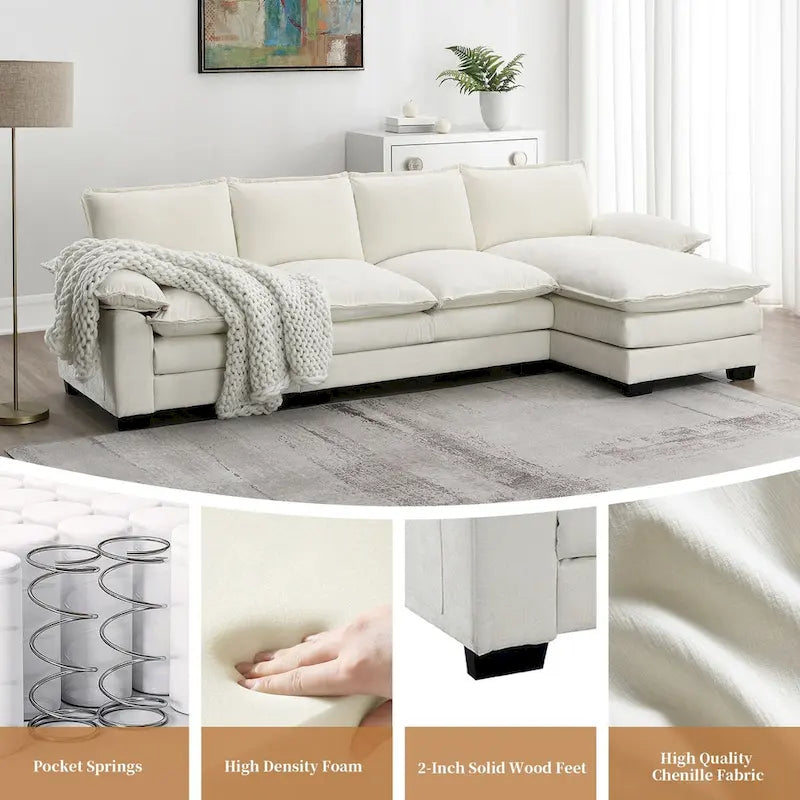 Canapé d'angle en chenille Cloud 118 x 55 cm avec coussins d'assise doubles, canapé-lit 5 places avec méridienne
