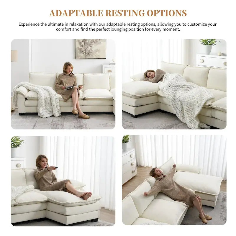 Canapé d'angle en chenille Cloud 118 x 55 cm avec coussins d'assise doubles, canapé-lit 5 places avec méridienne