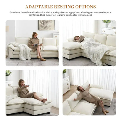 Canapé d'angle en chenille Cloud 118 x 55 cm avec coussins d'assise doubles, canapé-lit 5 places avec méridienne