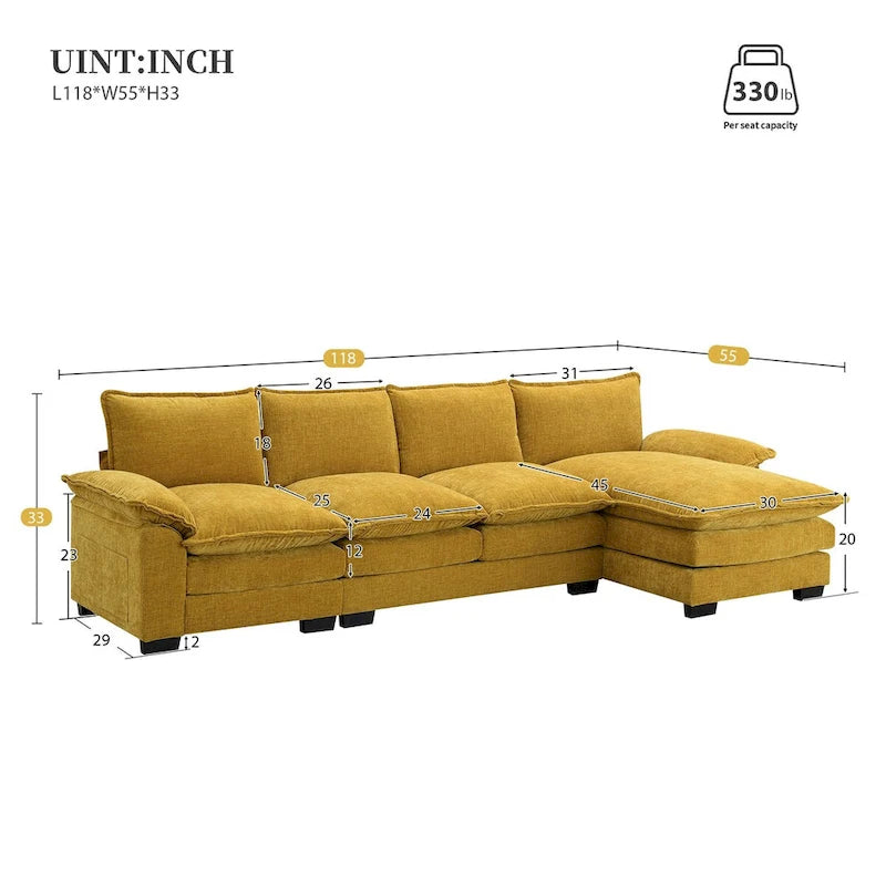 Canapé d'angle en chenille Cloud 118 x 55 cm avec coussins d'assise doubles, canapé-lit 5 places avec méridienne