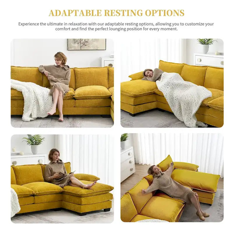 Canapé d'angle en chenille Cloud 118 x 55 cm avec coussins d'assise doubles, canapé-lit 5 places avec méridienne