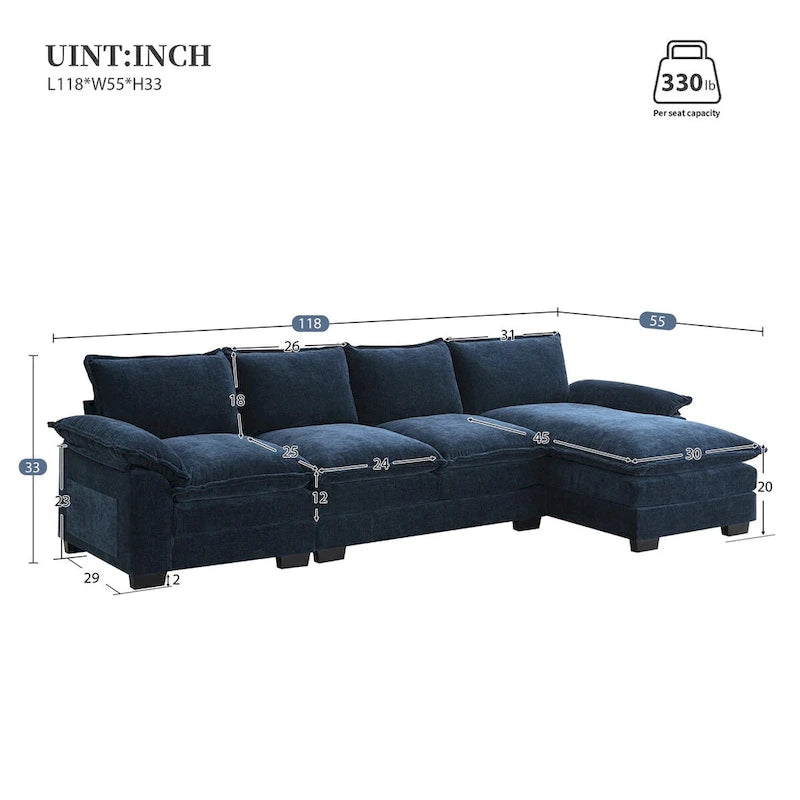 Canapé d'angle en chenille Cloud 118 x 55 cm avec coussins d'assise doubles, canapé-lit 5 places avec méridienne