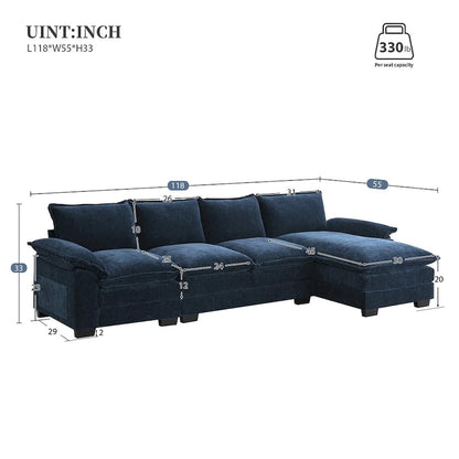 Canapé d'angle en chenille Cloud 118 x 55 cm avec coussins d'assise doubles, canapé-lit 5 places avec méridienne