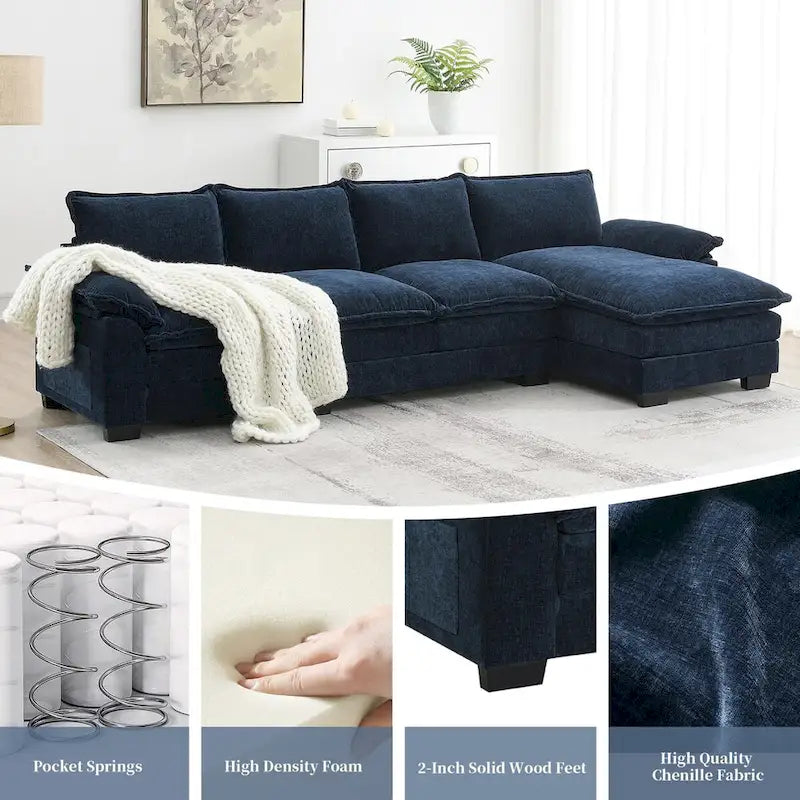 Canapé d'angle en chenille Cloud 118 x 55 cm avec coussins d'assise doubles, canapé-lit 5 places avec méridienne