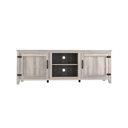Meuble TV Mieres pour téléviseur 75 pouces, centre multimédia avec deux portes et quatre compartiments de rangement ouverts, console TV.