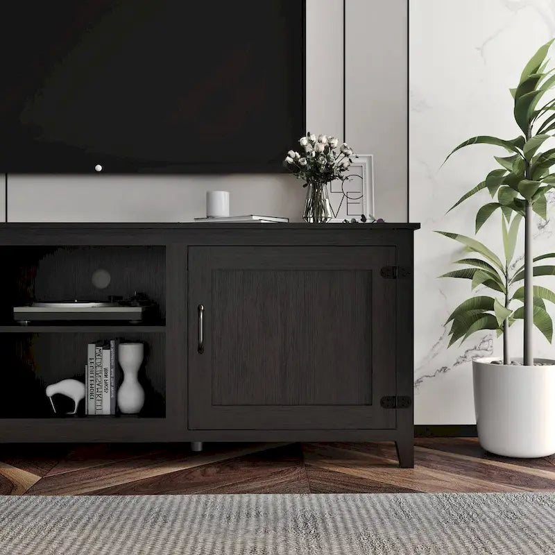 Meuble TV Mieres pour téléviseur 75 pouces, centre multimédia avec deux portes et quatre compartiments de rangement ouverts, console TV.