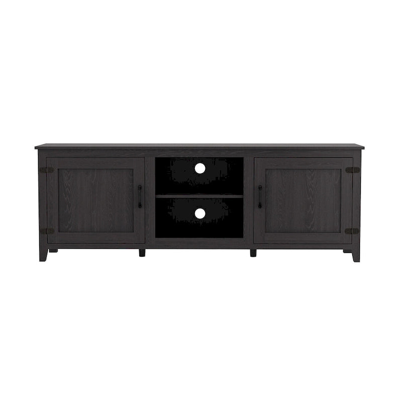 Meuble TV Mieres pour téléviseur 75 pouces, centre multimédia avec deux portes et quatre compartiments de rangement ouverts, console TV.