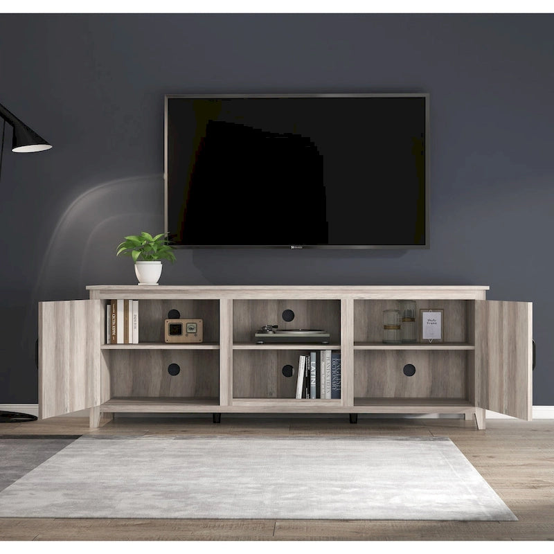 Meuble TV Mieres pour téléviseur 75 pouces, centre multimédia avec deux portes et quatre compartiments de rangement ouverts, console TV.