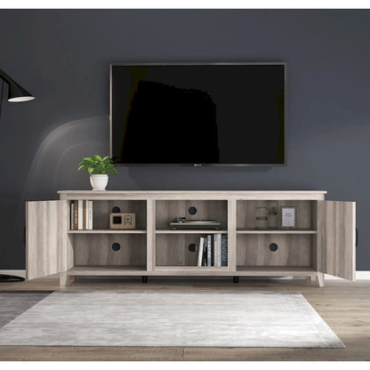 Meuble TV Mieres pour téléviseur 75 pouces, centre multimédia avec deux portes et quatre compartiments de rangement ouverts, console TV.