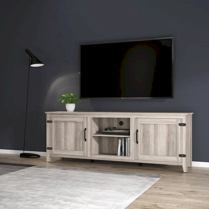 Meuble TV Mieres pour téléviseur 75 pouces, centre multimédia avec deux portes et quatre compartiments de rangement ouverts, console TV.